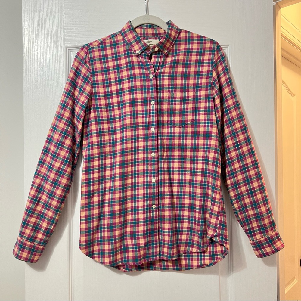 Trovata Birds of Paradis Pink & Purple Checkered Plaid Flannel Button Down Shirt
